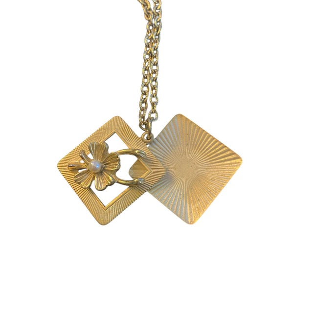 Metal #88 Vintage Gold Tone Square Pendant and Chain With Flower For Sale - Image 7 of 7