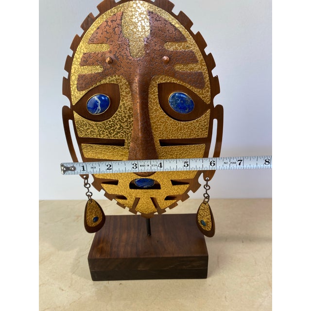 Gold Vintage Christian Luis Gómez Chile Brass & Copper Mask Sculpture, Lapis Lazuli For Sale - Image 8 of 11