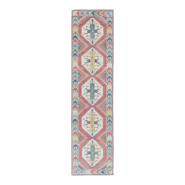 Vintage Hand Knotted Oushak Turkish Runner With Geometric Design For Sale