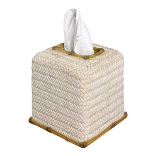 Nicole Miller Faux Woven Bamboo & Rattan Tissue Box Cover / Holder For Sale