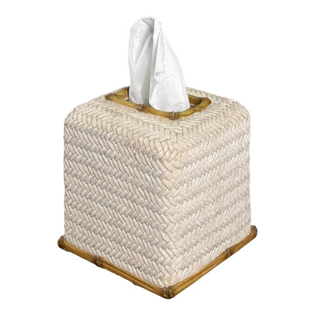 Nicole Miller Faux Woven Bamboo & Rattan Tissue Box Cover / Holder For Sale