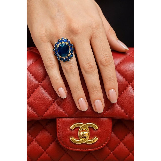 Bochic "Orient" Blue Sapphire & Diamond Vintage Cluster Ring Set 18K & Silver For Sale - Image 11 of 17