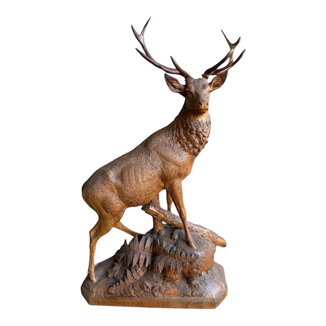 19th Century Swiss Black Forest Style Wood Carved Stag Deer Brienz For Sale