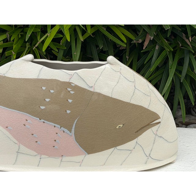 Vintage Signed Studio Pottery Abstract Fish Vase For Sale - Image 4 of 12