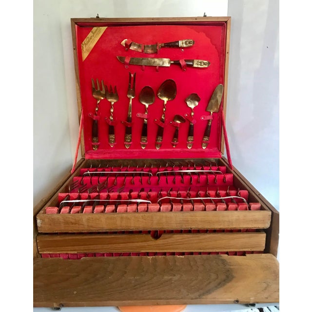 Wood Mid 20th Century Mid-Century Modern Thai Siam Buddha Brass and Rosewood Flatware Set of 142 For Sale - Image 7 of 13