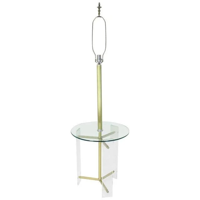 Brass Mid 20th Century Brass and Lucite Tripod Leg Floor Lamp Glass Side Table For Sale - Image 8 of 8