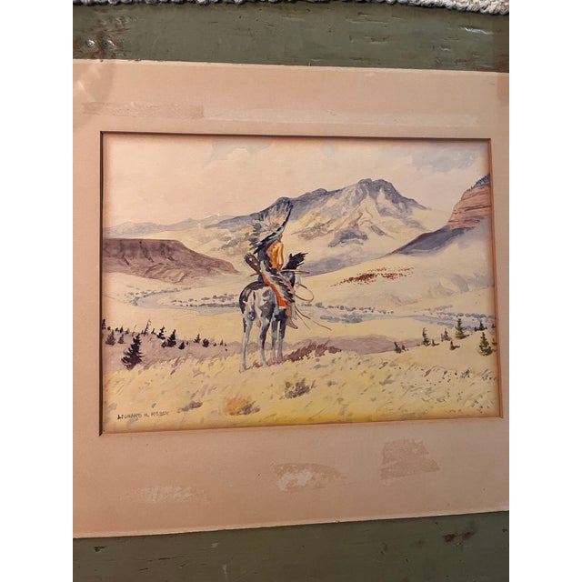 1940s Leonard H. Reedy Original Western Watercolor, Native American Horseback Rider, 9” X 12” For Sale - Image 4 of 7