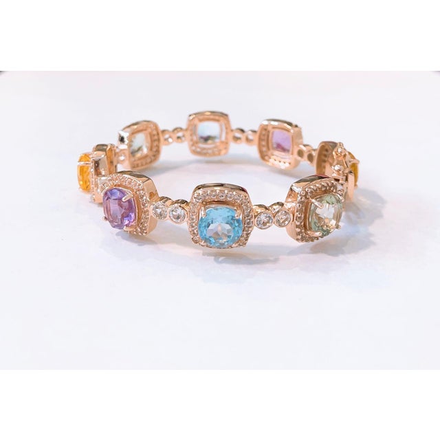 Traditional Bochic Capri” Vintage Sapphire & Multi Natural Gem Bangle Set 18K Gold & Silver For Sale - Image 3 of 15