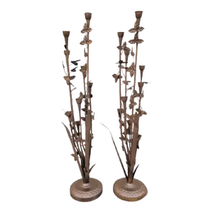 Rare Monumental Antique Hans Kogl Style Solid Iron Tole Bronze Leaf Floor Standing 7 Cup Candle Holders- a Pair