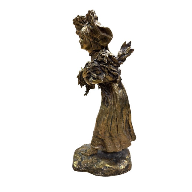 Art Nouveau Early 20th Century Charlotte Monginot Girl W Flowers Bronze Sculpture For Sale - Image 3 of 12