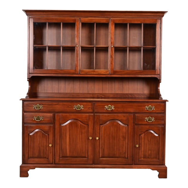 Henkel Harris American Colonial Solid Cherry Wood Breakfront or Sideboard Buffet With Hutch Top, 1977 For Sale