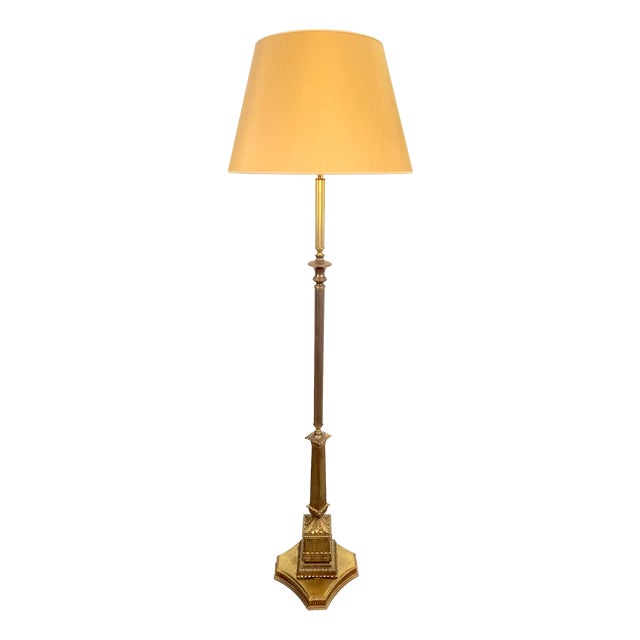 Vintage Neoclassical Empire Column Floor Lamp in Brass and Gilt Bronze, France, 1970 For Sale