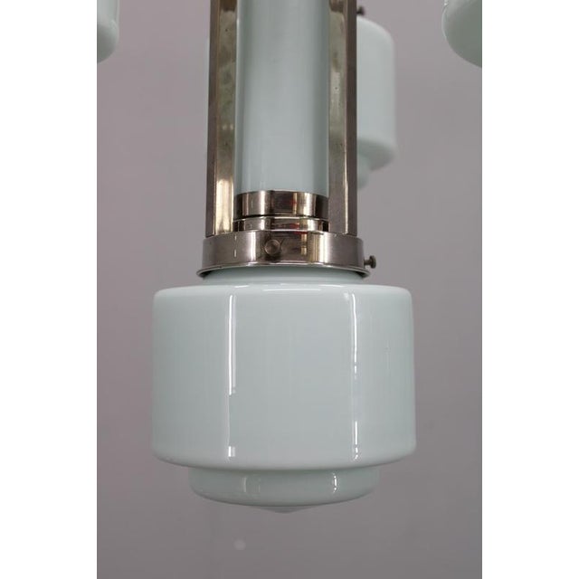 1930s Art Deco Nickel Pendant Light with Cylindrical Light Opaline Shades, Czechoslovakia, 1930s For Sale - Image 5 of 15