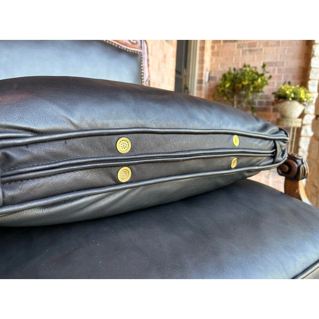 1990s Bergere Chair Pair in Luscious Black Leather For Sale - Image 4 of 8