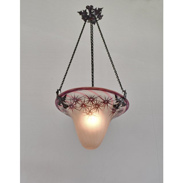 Charles Schneider - Le Verre Français A wonderful French art deco hanging fixture in wrought iron with a nice Schneider Le...