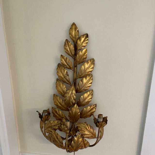 French Vintage Gold Gilded Leaf Three Arm Sconce For Sale - Image 3 of 4
