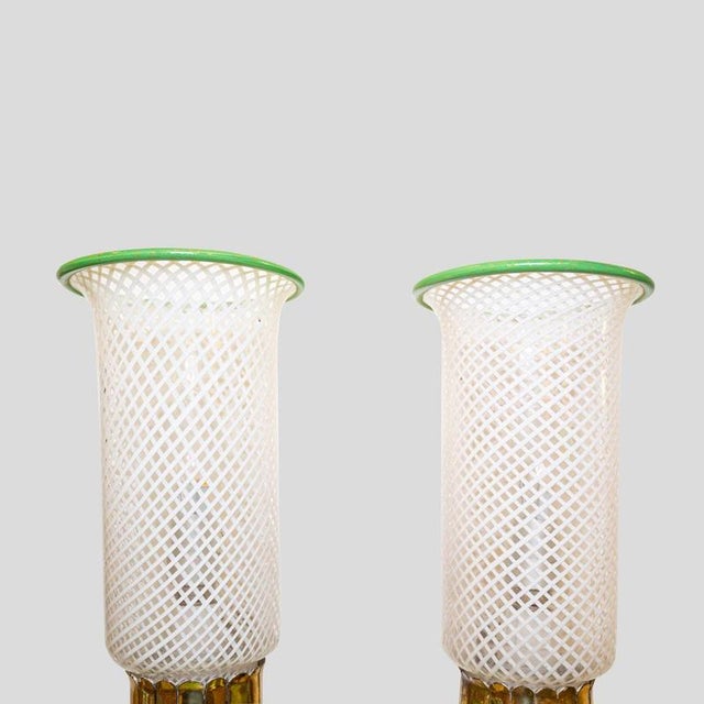 Murano Clear White and Green Glass on Brass Wall Lights, 1930s, Set of 2 For Sale - Image 9 of 12