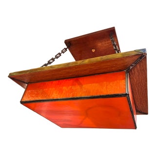 Vintage 1960s Arts & Crafts Stained Glass California Red Oak Pendant For Sale