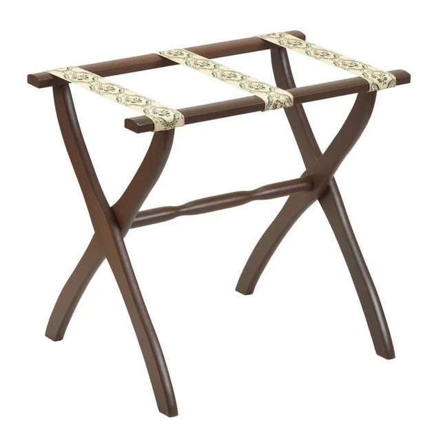 Traditional Mahogany Wood Contour Leg Luggage Rack with 3 Brown Petit Point Straps For Sale - Image 3 of 3