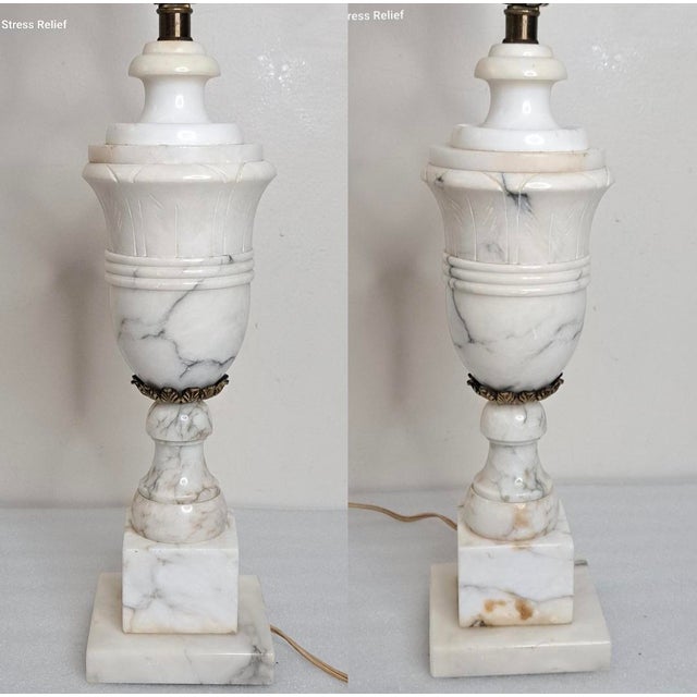 Alabaster Mid 20th Century Italian Neoclassical Carved Alabaster Urn Lamp With Interior Night Light For Sale - Image 8 of 14