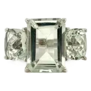 Natural Faceted Green Amethyst Three Stone Ring- Size 8 For Sale