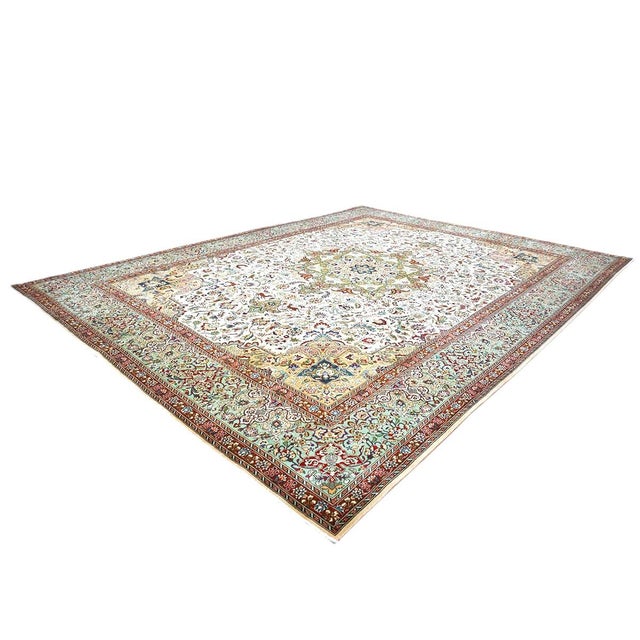 Persian Antique Persian Tabriz Wool & Cotton 10X13 Ivory, Peach, Red & Teal Handmade Area Rug #1140364 For Sale - Image 3 of 9