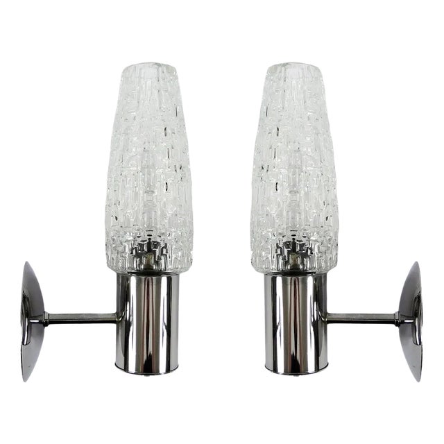 Glass and Chrome Metal Wall Lamps, 1960s, Set of 2 For Sale