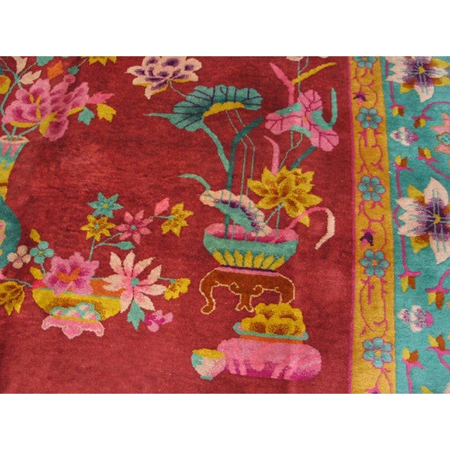 Early 20th Century 1920s Red Floral Classic Antique Chinese Art Deco Rug 8'8"x11'4" Handknotted Wool Carpet For Sale - Image 5 of 6