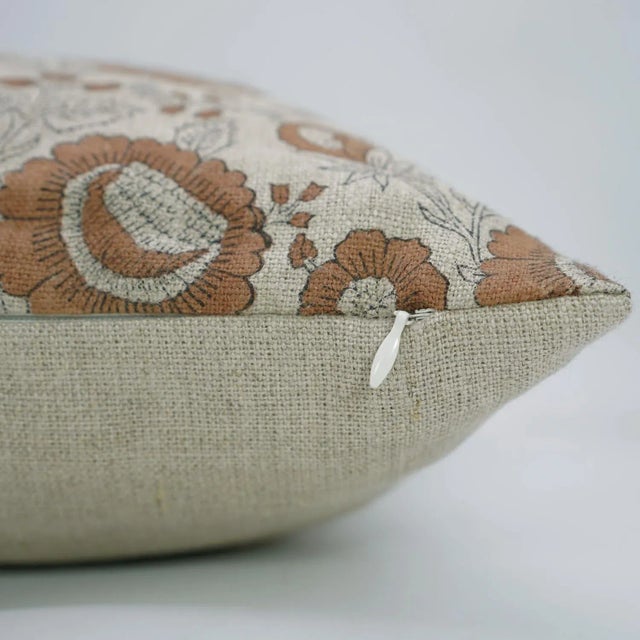 Contemporary Throw Pillow Cover 14x14 Inch Handmade Block Print Cushion Thick Linen -Sun Flower For Sale - Image 3 of 4