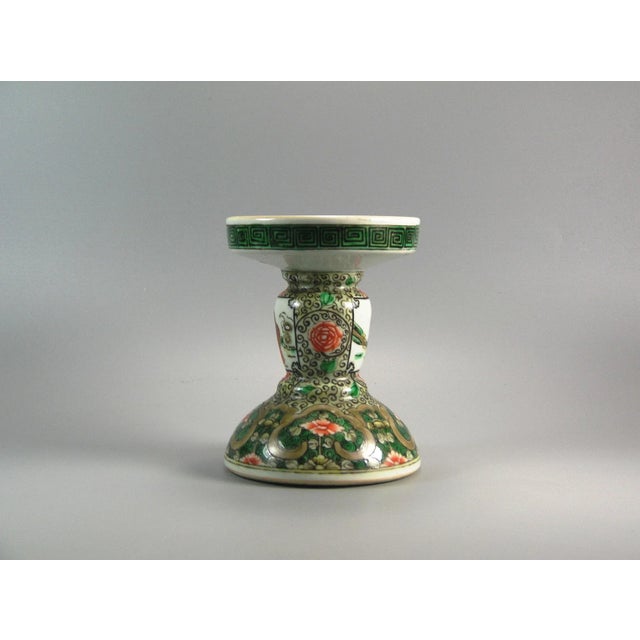 Up for sale is an antique Chinese Famille-Verte/Wucai* glazed porcelain candlestick/candle holder decorated with floral...