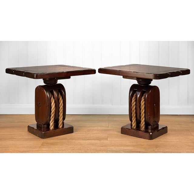 Traditional Vintage Coastal Ship Pulley Heritage Pine End Tables - A Pair For Sale - Image 3 of 12