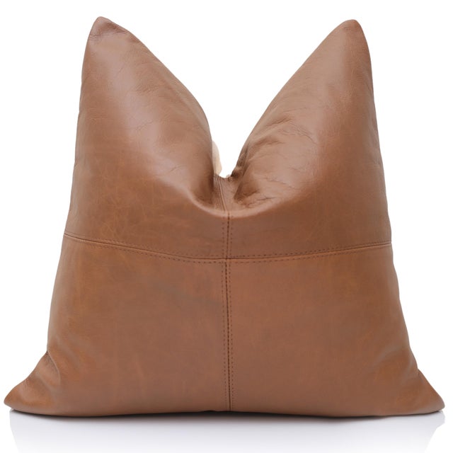 Luxury Camel Brown Genuine Leather Throw Pillow 18x18 | Handmade Modern Leather Cushion For Sale - Image 4 of 8