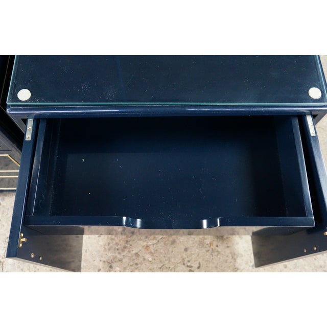 2 Mid Century John Stuart Navy Blue Lacquer Nightstands Bedside Chests MCM Pair For Sale - Image 17 of 18