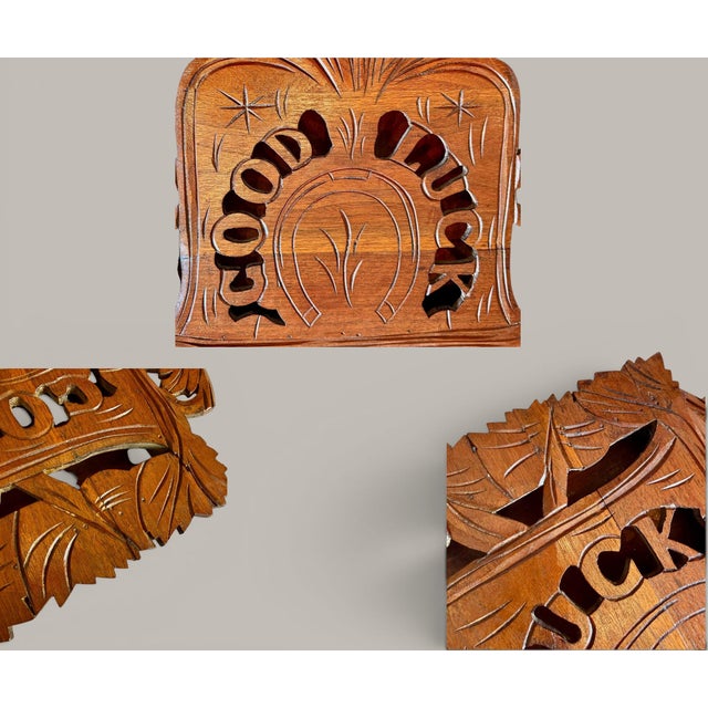 Victorian Carved Wood Wall Pocket-Horseshoe-Good Luck-Folk Art Hanging-Antique For Sale - Image 10 of 11