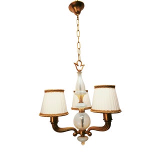 Brass and Murano Chandelier with Silk Lampshades, 1950s For Sale