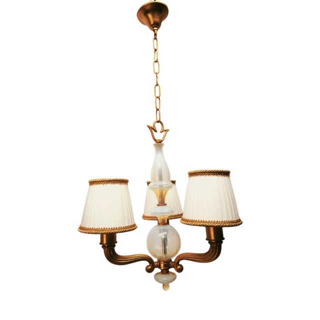 Brass and Murano Chandelier with Silk Lampshades, 1950s For Sale