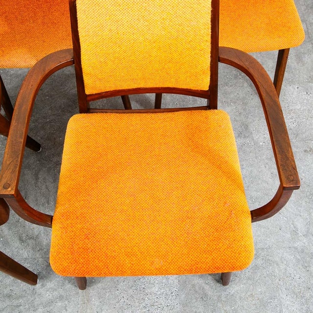 Mid Century Modern Dining Chairs Set 8 Armchairs Orange Solid Walnut MCM Captain For Sale - Image 10 of 12