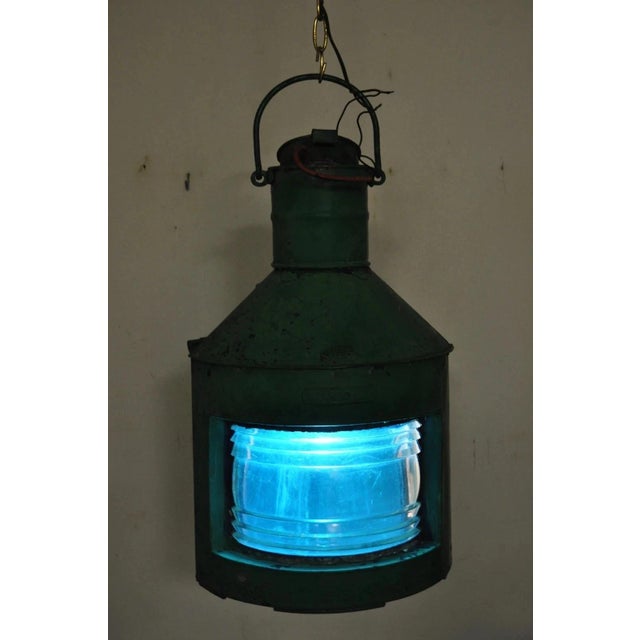 Antique Eli Griffith & Sons Green Marine Masthead Ship Lantern Light Fixture. Item features a green painted finish, blue...