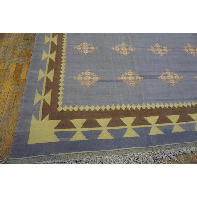 1930s Blue Gray Diamond Antique Indian Cotton Dhurrie Carpet Flatweave Large Rug For Sale - Image 14 of 17
