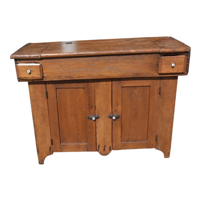 1900s Antique Rustic Primitive Pine Dry Sink Cabinet Cupboard With Lift Up Center Lid & 2 End Drawerss For Sale