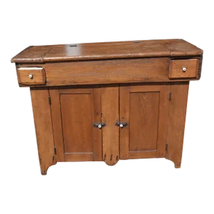 Antique Rustic Primitive Pine Dry Sink / Vanity Cabinet Cupboard W/ Lift Up Center Lid & 2 Side Drawers