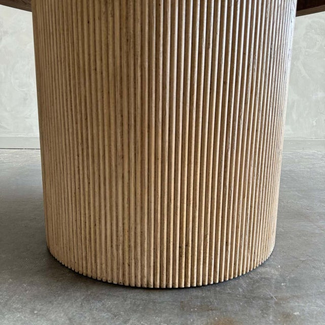 Brown Round Elm Wood Reeded Dining Table For Sale - Image 8 of 8