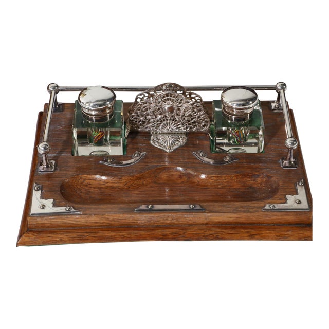 Antique English Regency Silver & Oak Inkwell or Ink Stand For Sale