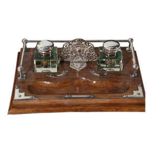 Antique English Regency Silver & Oak Inkwell or Ink Stand