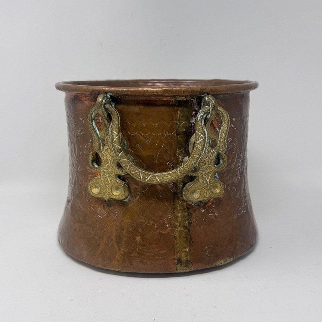 Antique Embossed Copper Cachepot Jardinière With Brass Serpent Handles For Sale - Image 12 of 14