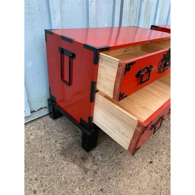 Red Mid 20th Century Vintage Asian Style Red Painted Iron Mounded Campaign Cedar Type Chests. A Pair For Sale - Image 8 of 12