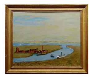 Harry Mayhew -Steamboats in Burlingame at the San Francisco Bay-Oil Painting