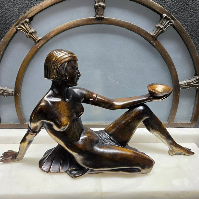 Bronze 1920s Art Deco Egyptian Revival Nude Spelter & Marble Table Lamp For Sale - Image 8 of 16
