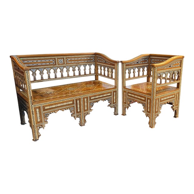 Mosaic Arabesque Bench & Chair Circa 1900 For Sale