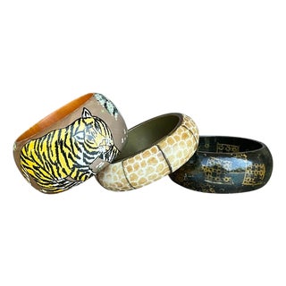 Vintage Wooden African Inspired Bangles- Set of 3 For Sale